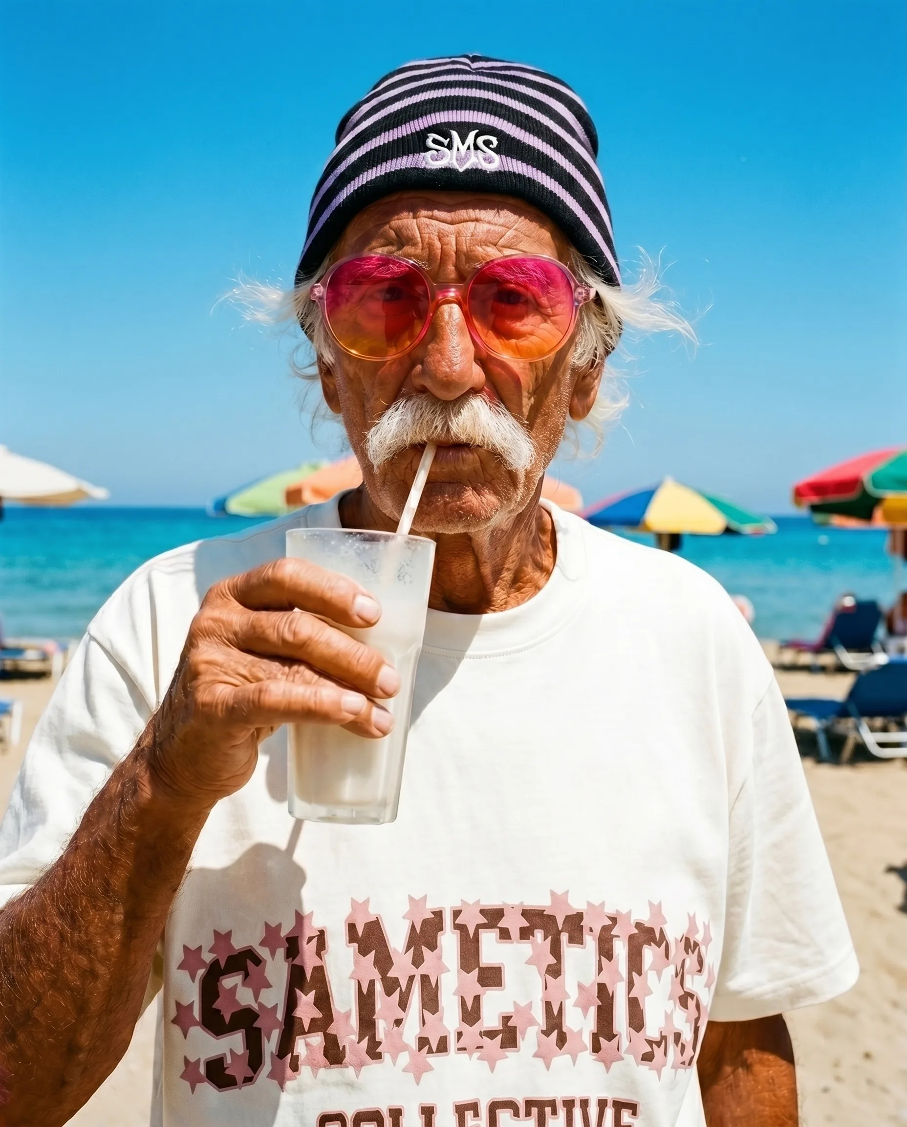 Sametics — headwear: vecchietto sulla spiaggia con beanie a righe SMS